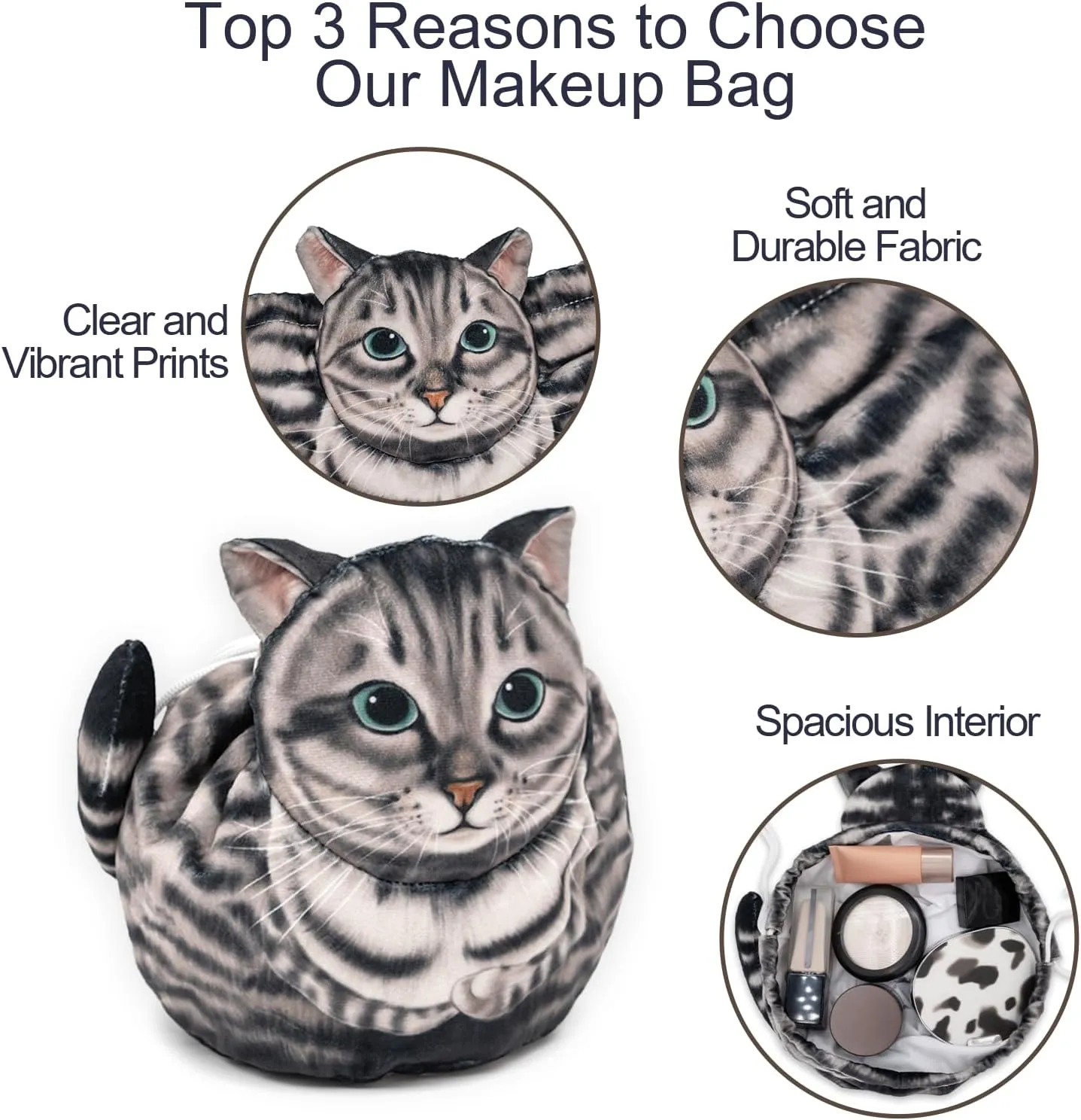 Cute Cat Makeup Bag Organizer - Large Cosmetic Pouch for Purse, Travel Toiletry Essentials (Gray Cat)