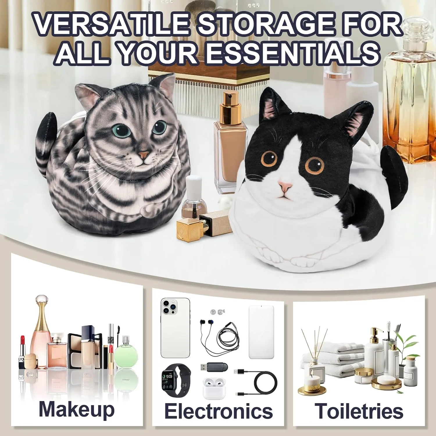 Cute Cat Makeup Bag Organizer - Large Cosmetic Pouch for Purse, Travel Toiletry Essentials (Gray Cat)