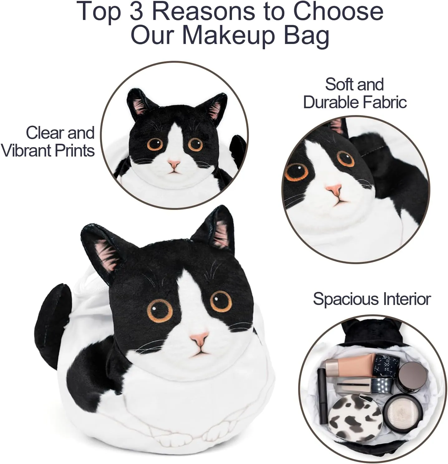 Cute Kitty Drawstring Makeup Bag, Cat Themed Gift for Women, Large Tuxedo Cat Cosmetic Bag