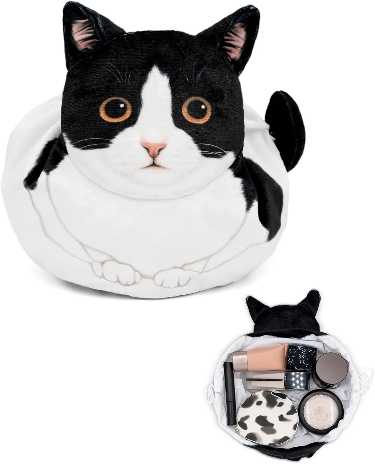 Cute Kitty Drawstring Makeup Bag, Cat Themed Gift for Women, Large Tuxedo Cat Cosmetic Bag