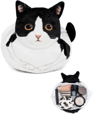 Cute Kitty Drawstring Makeup Bag, Cat Themed Gift for Women, Large Tuxedo Cat Cosmetic Bag