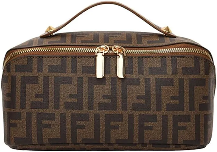Designer Monogram Makeup Bag, Large Capacity Cosmetic Case with Handle, Brown Pattern, Gold Hardware