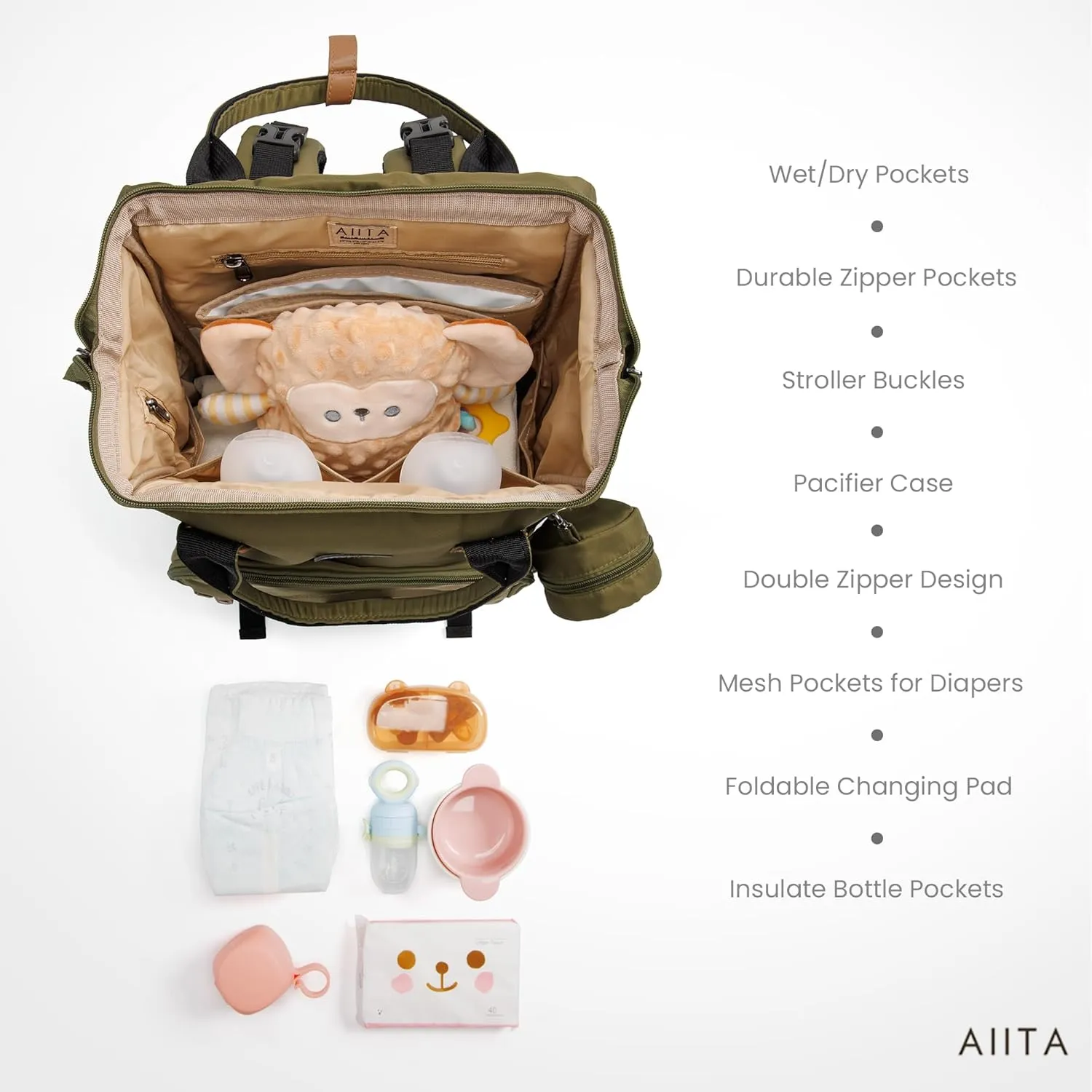 Diaper Bag Backpack, Multifunction Diaper Bag with Changing Pad, Baby Diaper Bags for Boys Girls, Stylish Large Capacity Travel Backpack for Moms Dads, Baby Shower Gifts,Unisex  Olive Green