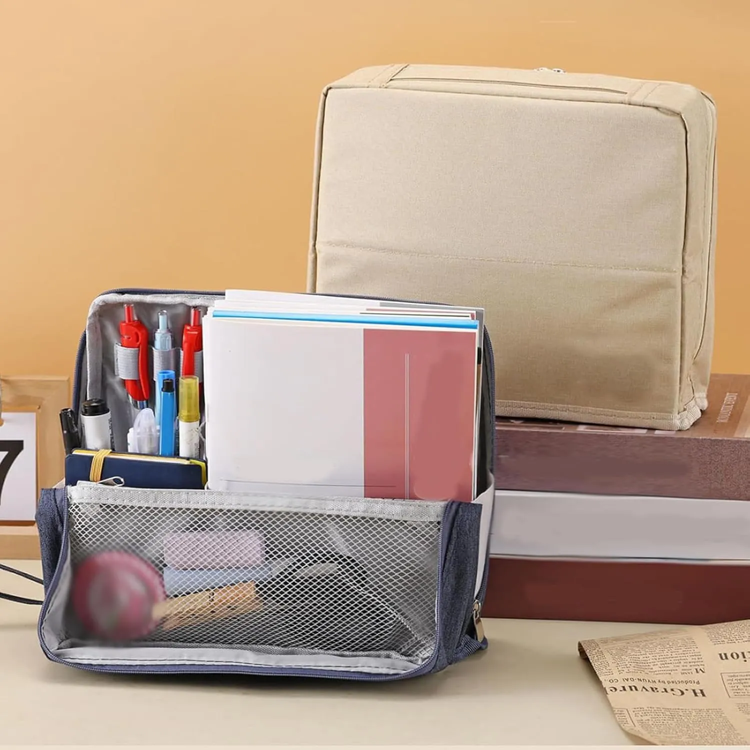 Doresty Makeup Bag, Standing Makeup Bag - Portable, Large Capacity, Waterproof Multi-Purpose Oxford Cloth Standing Makeupbag Toiletry Bags with Compartments (Blue)