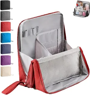 Doresty Standing Makeup Bag - Large Capacity Waterproof Oxford Cloth Organizer with Compartments, Portable Vertical Storage for Cosmetics (Red)