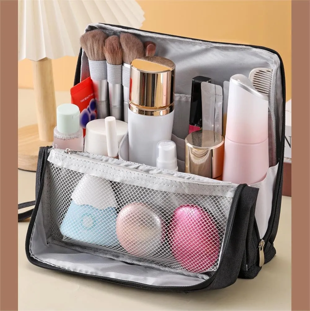 Doresty Standing Makeup Bag - Large Capacity Waterproof Oxford Cloth Organizer with Compartments, Portable Vertical Storage for Cosmetics (Red)