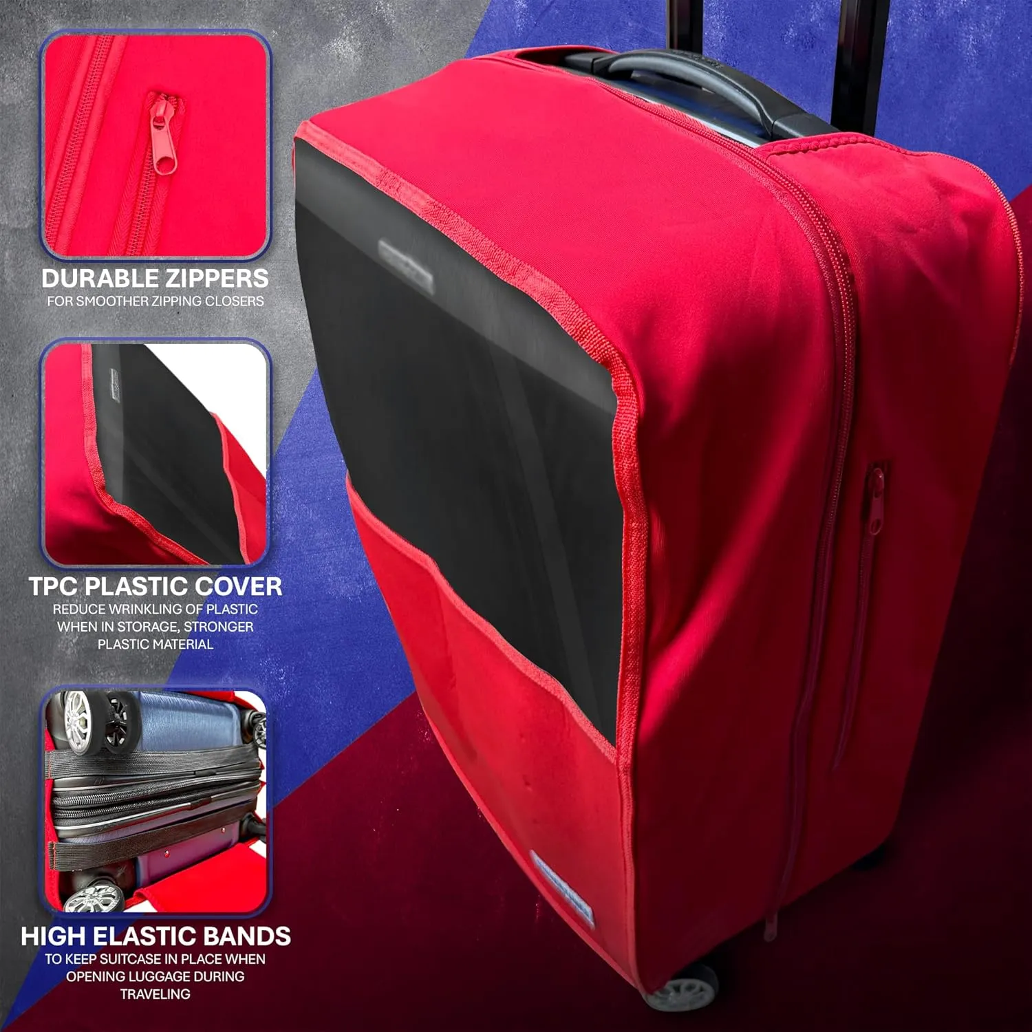 Durable Waterproof Luggage Cover Made With Neoprene - Elastic Sides For Compatible Fit, Fashionable Travel and Clear Plastic Identification 19-27 Luggages (RED, 27)