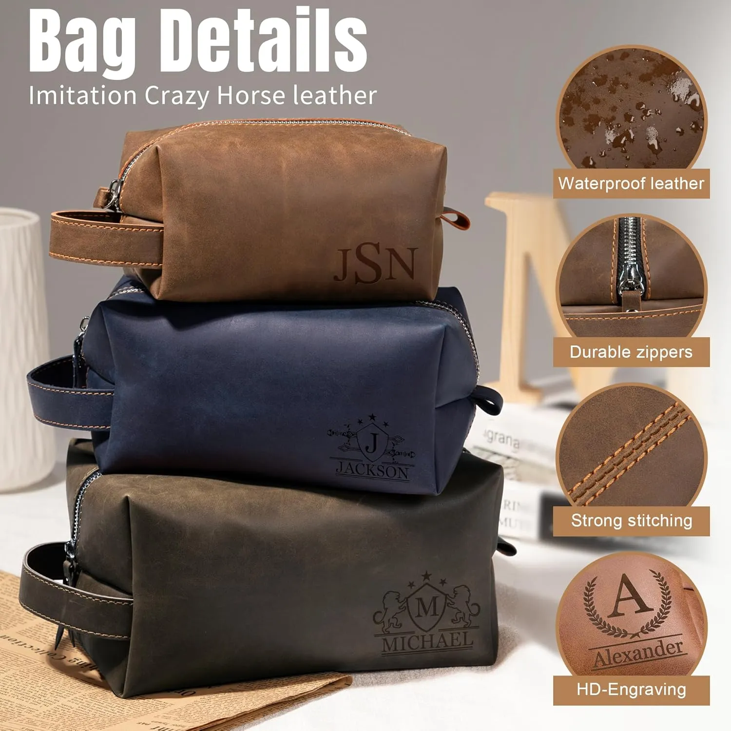 Easycosy Personalized Toiletry Bag for Men, Custom Leather Travel Pouch Toiletry Bag Shaving Bag, Waterproof Dopp Kit Gift for Men, Boyfriend, Dad, Grandpa, Groomsmen, Husband, Son (Navy Blue)