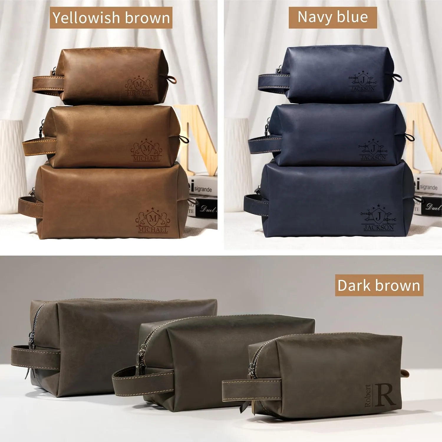 Easycosy Personalized Toiletry Bag for Men, Custom Leather Travel Pouch Toiletry Bag Shaving Bag, Waterproof Dopp Kit Gift for Men, Boyfriend, Dad, Grandpa, Groomsmen, Husband, Son (Navy Blue)