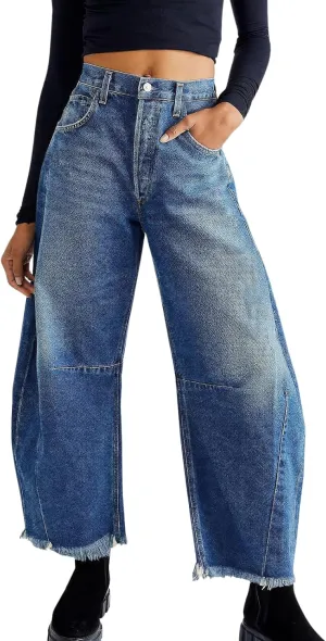 ebossy Barrel Jeans for Women Ripped Distressed High Waist Y2K Wide Leg Frayed Hem Denim Pant Harem Trousers