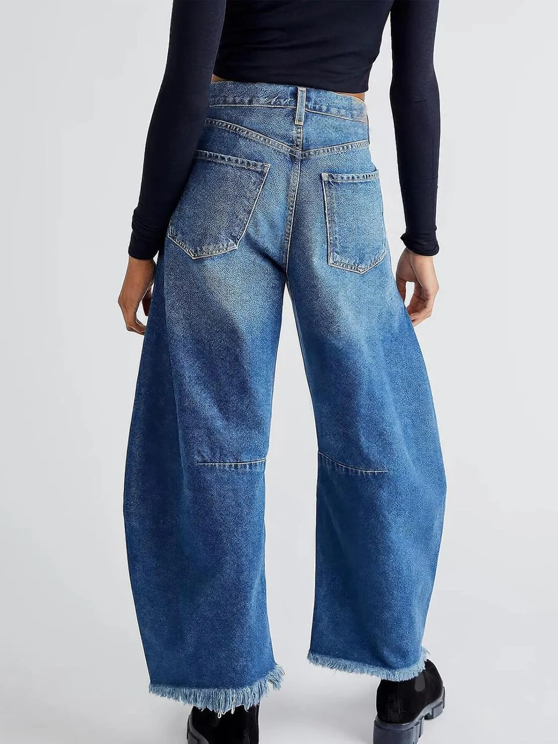 ebossy Barrel Jeans for Women Ripped Distressed High Waist Y2K Wide Leg Frayed Hem Denim Pant Harem Trousers