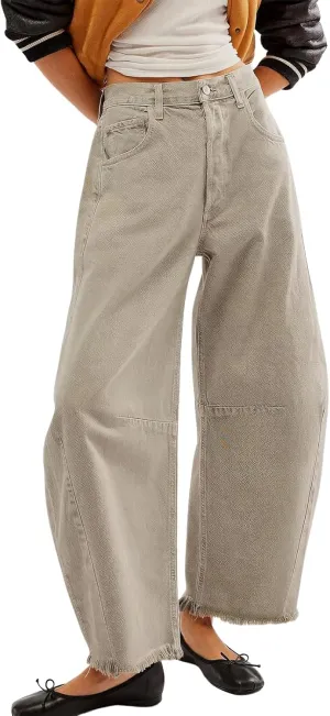 ebossy Barrel Jeans for Women Ripped Distressed High Waist Y2K Wide Leg Frayed Hem Denim Pant Harem Trousers