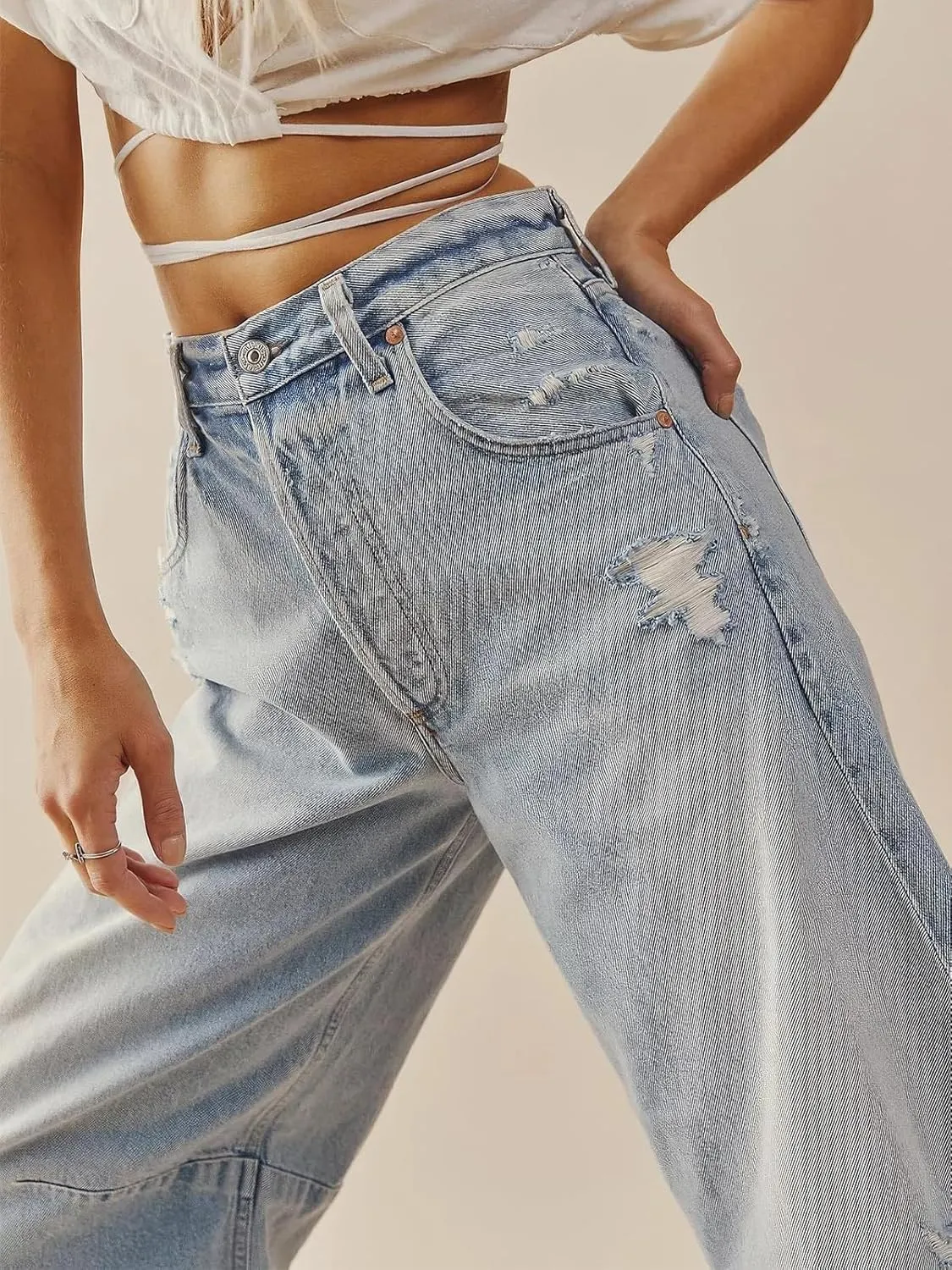 ebossy Barrel Jeans for Women Ripped Distressed High Waist Y2K Wide Leg Frayed Hem Denim Pant Harem Trousers