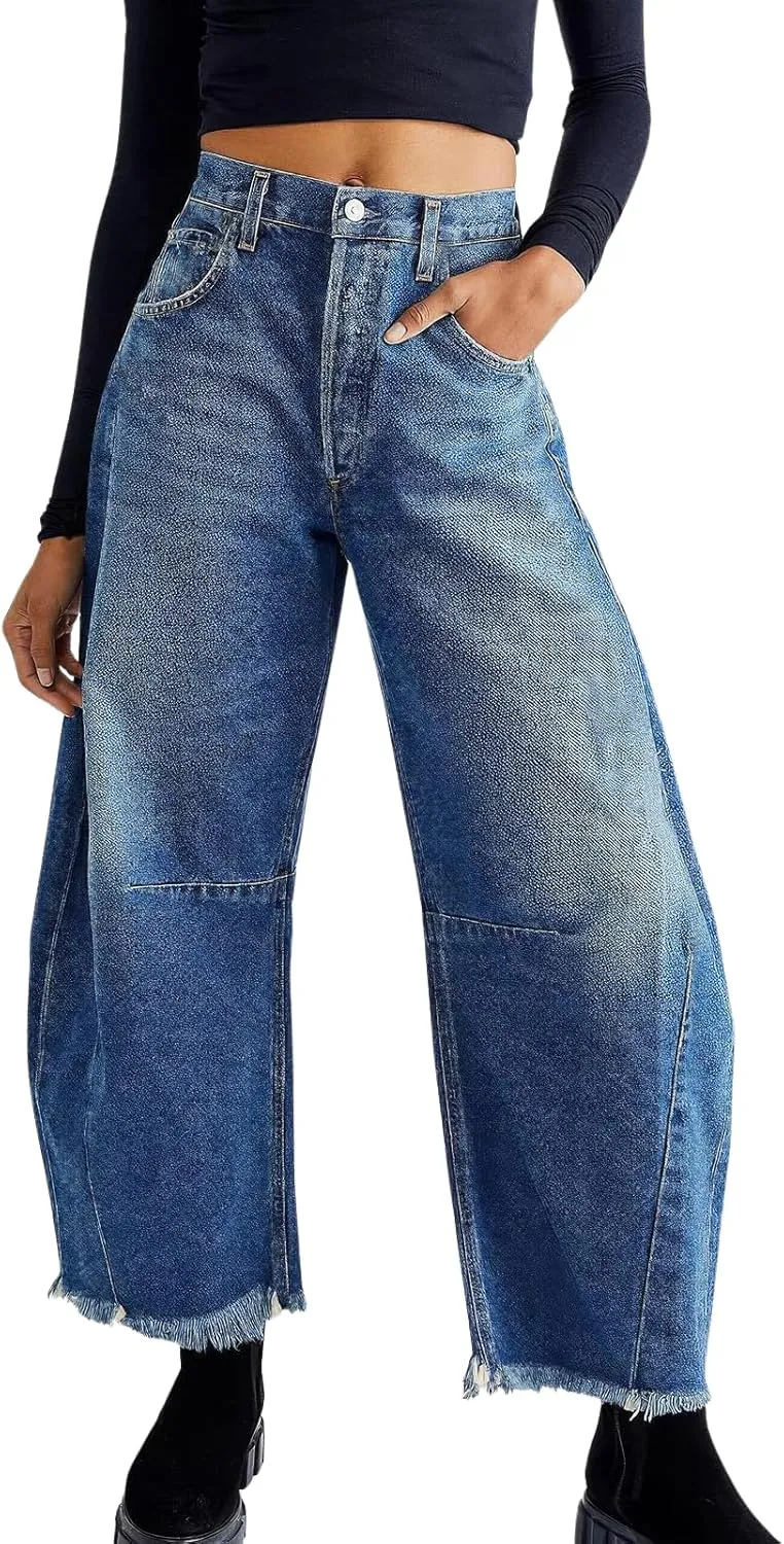 ebossy Barrel Jeans for Women Ripped Distressed High Waist Y2K Wide Leg Frayed Hem Denim Pant Harem Trousers