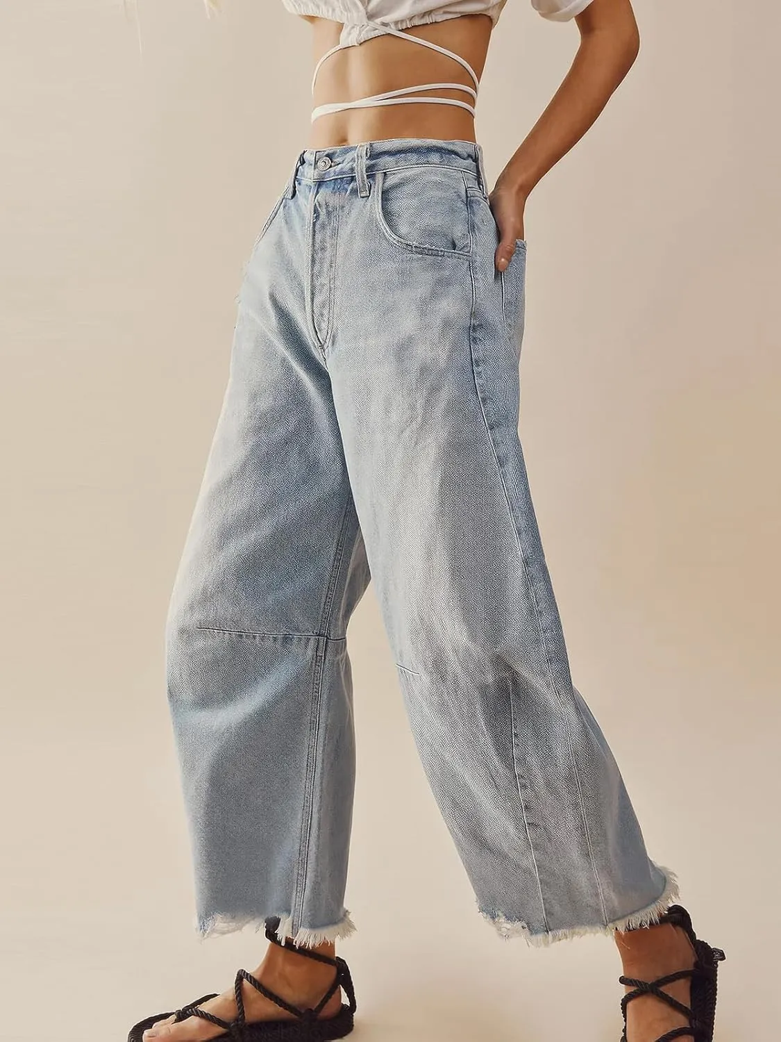ebossy Barrel Jeans for Women Ripped Distressed High Waist Y2K Wide Leg Frayed Hem Denim Pant Harem Trousers