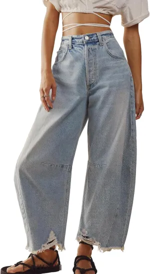 ebossy Barrel Jeans for Women Ripped Distressed High Waist Y2K Wide Leg Frayed Hem Denim Pant Harem Trousers