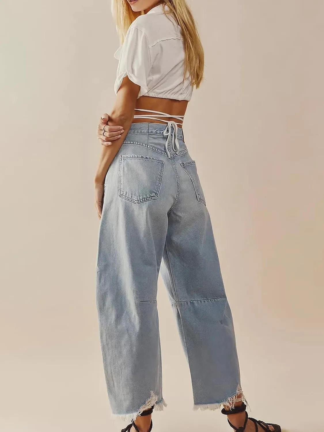 ebossy Barrel Jeans for Women Ripped Distressed High Waist Y2K Wide Leg Frayed Hem Denim Pant Harem Trousers