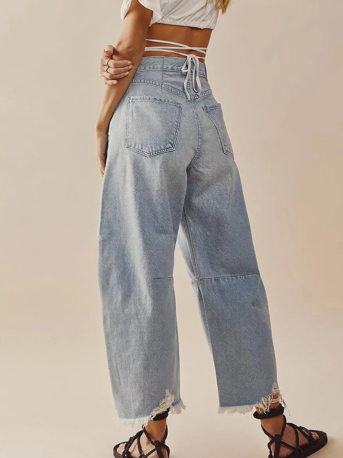 ebossy Barrel Jeans for Women Ripped Distressed High Waist Y2K Wide Leg Frayed Hem Denim Pant Harem Trousers