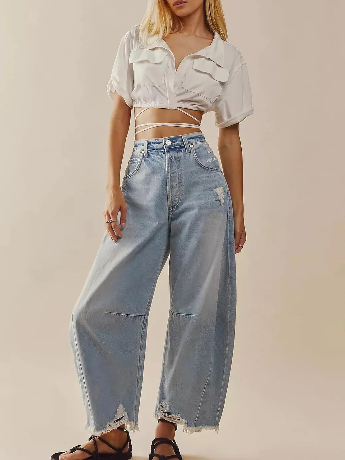 ebossy Barrel Jeans for Women Ripped Distressed High Waist Y2K Wide Leg Frayed Hem Denim Pant Harem Trousers