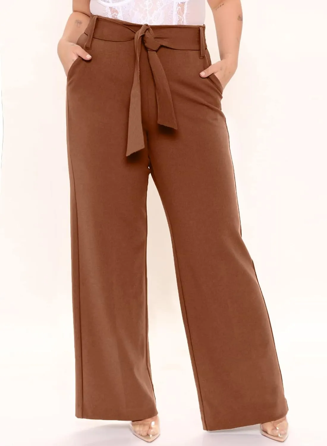 Eytino Womens Plus Size Stretch Dress Pants Comfy Wide Leg Belted Lounge Pants for Office, 1X-5X