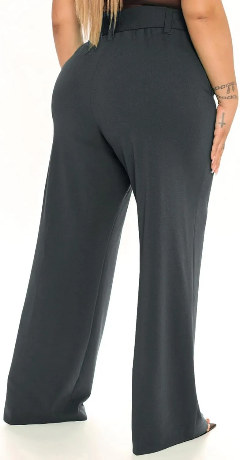 Eytino Womens Plus Size Stretch Dress Pants Comfy Wide Leg Belted Lounge Pants for Office, 1X-5X