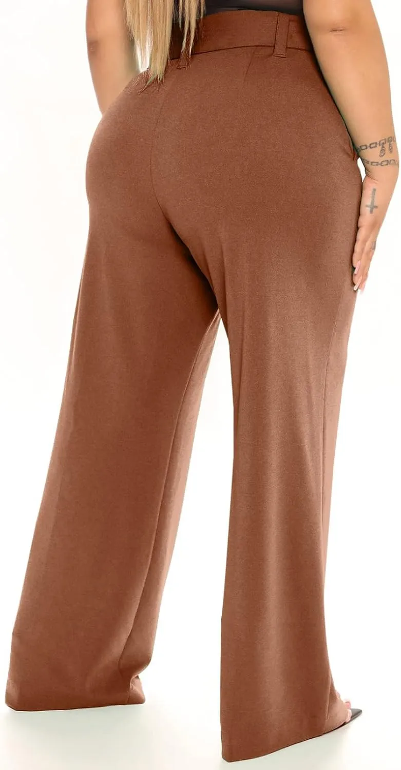 Eytino Womens Plus Size Stretch Dress Pants Comfy Wide Leg Belted Lounge Pants for Office, 1X-5X