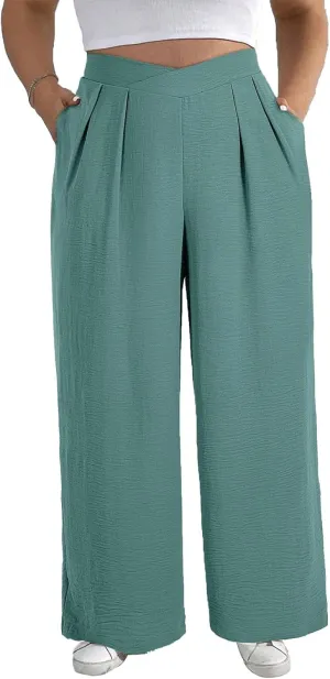 Eytino Womens Plus Size Wide Leg Pants Crossover Waist Pleated Front Casual Work Pants Lounge Trouser with Pockets(1X-5X)
