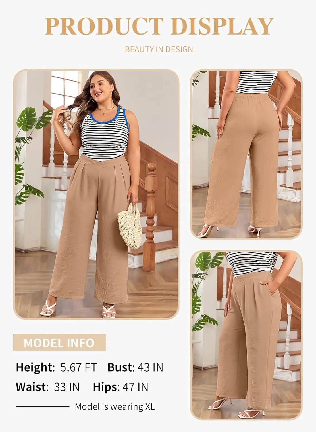 Eytino Womens Plus Size Wide Leg Pants Crossover Waist Pleated Front Casual Work Pants Lounge Trouser with Pockets(1X-5X)