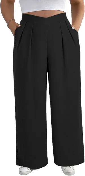 Eytino Womens Plus Size Wide Leg Pants Crossover Waist Pleated Front Casual Work Pants Lounge Trouser with Pockets(1X-5X)