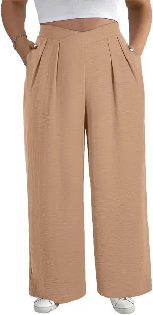 Eytino Womens Plus Size Wide Leg Pants Crossover Waist Pleated Front Casual Work Pants Lounge Trouser with Pockets(1X-5X)