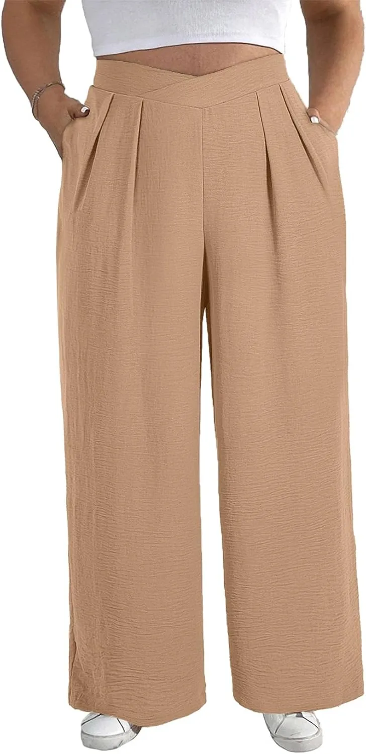 Eytino Womens Plus Size Wide Leg Pants Crossover Waist Pleated Front Casual Work Pants Lounge Trouser with Pockets(1X-5X)