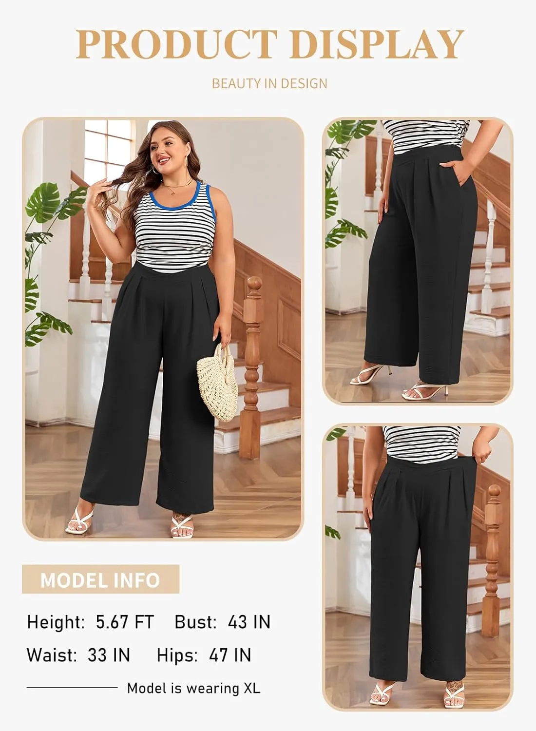 Eytino Womens Plus Size Wide Leg Pants Crossover Waist Pleated Front Casual Work Pants Lounge Trouser with Pockets(1X-5X)