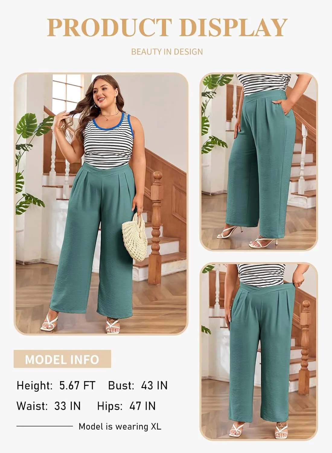 Eytino Womens Plus Size Wide Leg Pants Crossover Waist Pleated Front Casual Work Pants Lounge Trouser with Pockets(1X-5X)