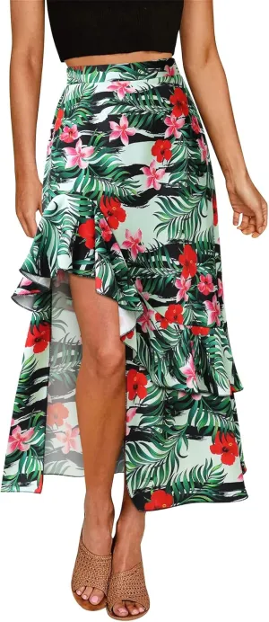 Ezcosplay Women High Waisted Hawaiian Tropical Floral Maxi Skirt Ruffle High Slit Long Skirts with Pockets