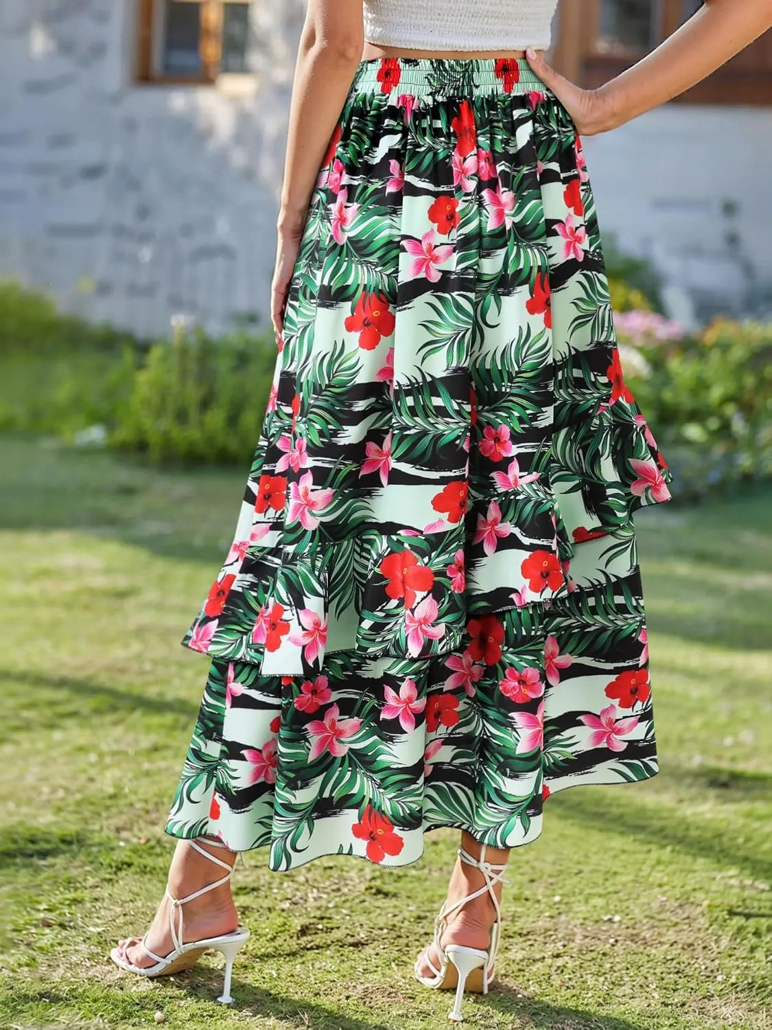 Ezcosplay Women High Waisted Hawaiian Tropical Floral Maxi Skirt Ruffle High Slit Long Skirts with Pockets