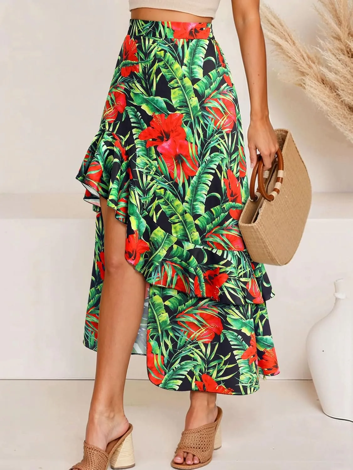 Ezcosplay Women High Waisted Hawaiian Tropical Floral Maxi Skirt Ruffle High Slit Long Skirts with Pockets