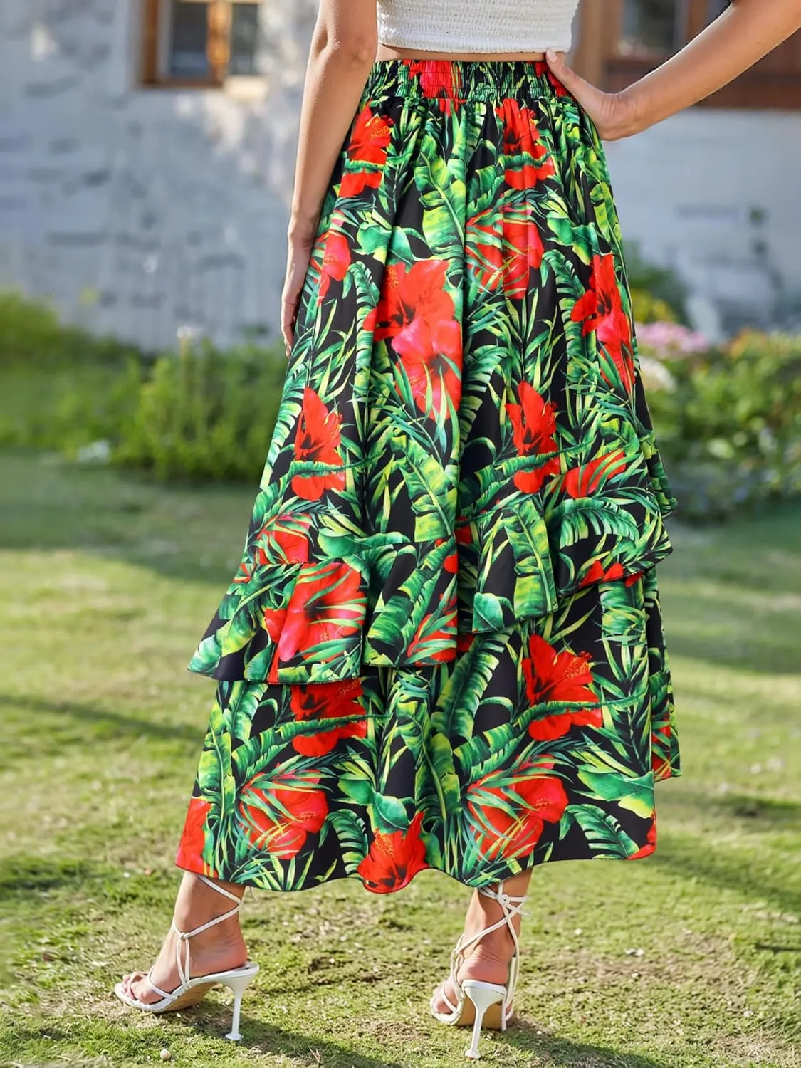 Ezcosplay Women High Waisted Hawaiian Tropical Floral Maxi Skirt Ruffle High Slit Long Skirts with Pockets