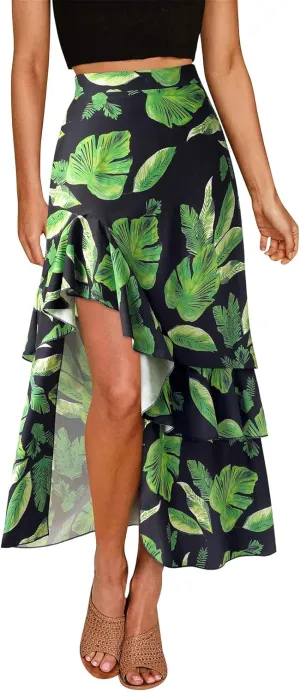 Ezcosplay Women High Waisted Hawaiian Tropical Floral Maxi Skirt Ruffle High Slit Long Skirts with Pockets