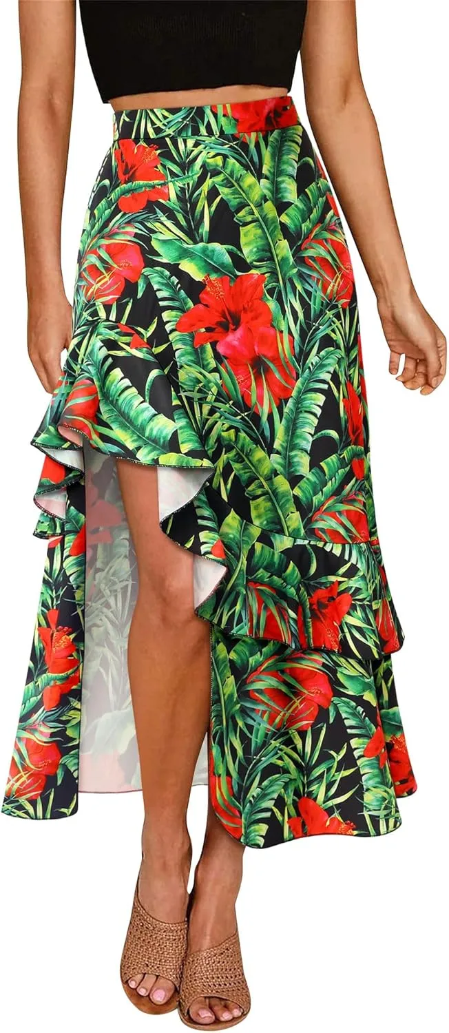 Ezcosplay Women High Waisted Hawaiian Tropical Floral Maxi Skirt Ruffle High Slit Long Skirts with Pockets