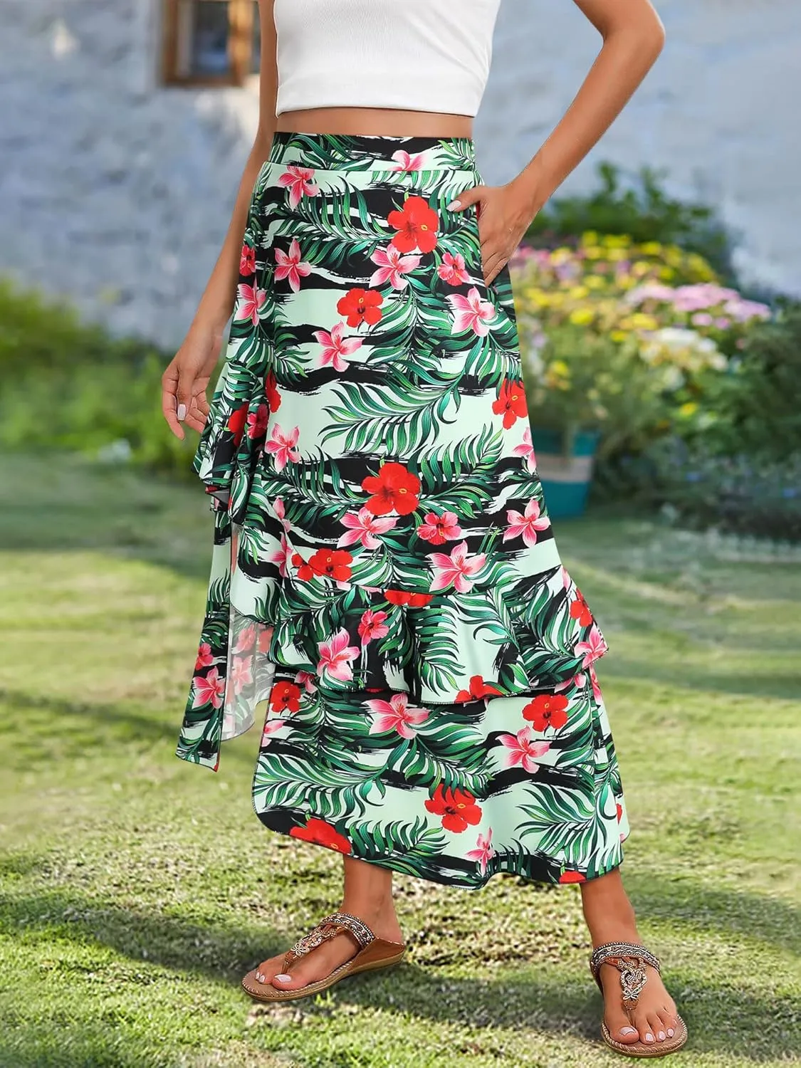 Ezcosplay Women High Waisted Hawaiian Tropical Floral Maxi Skirt Ruffle High Slit Long Skirts with Pockets