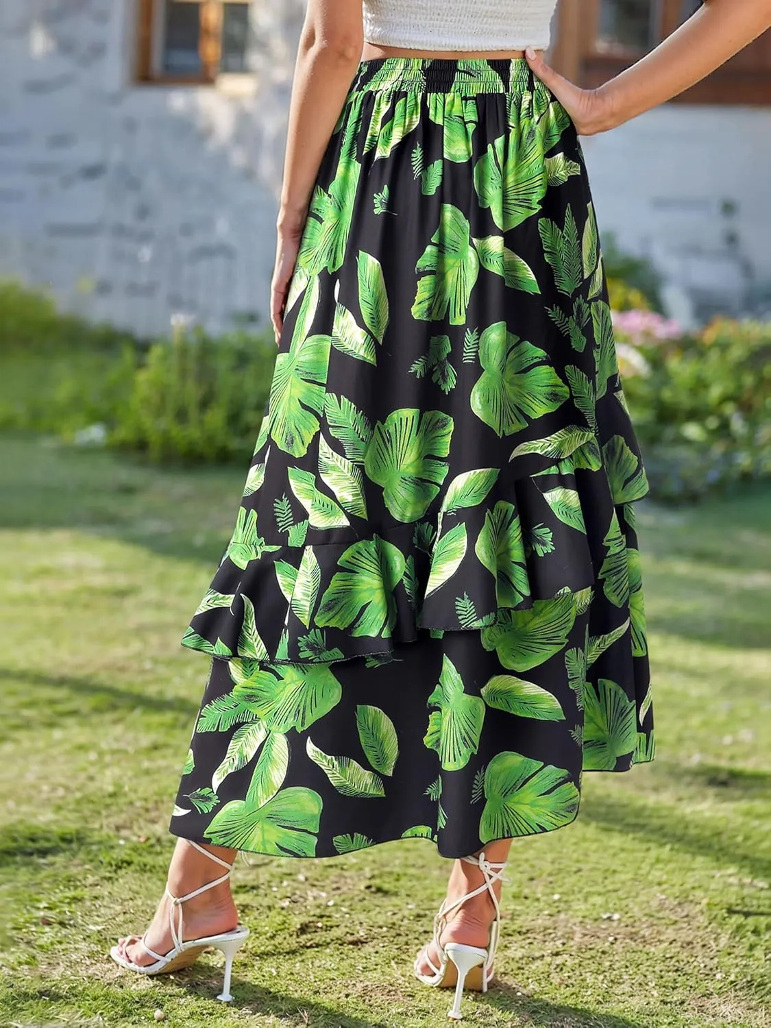 Ezcosplay Women High Waisted Hawaiian Tropical Floral Maxi Skirt Ruffle High Slit Long Skirts with Pockets