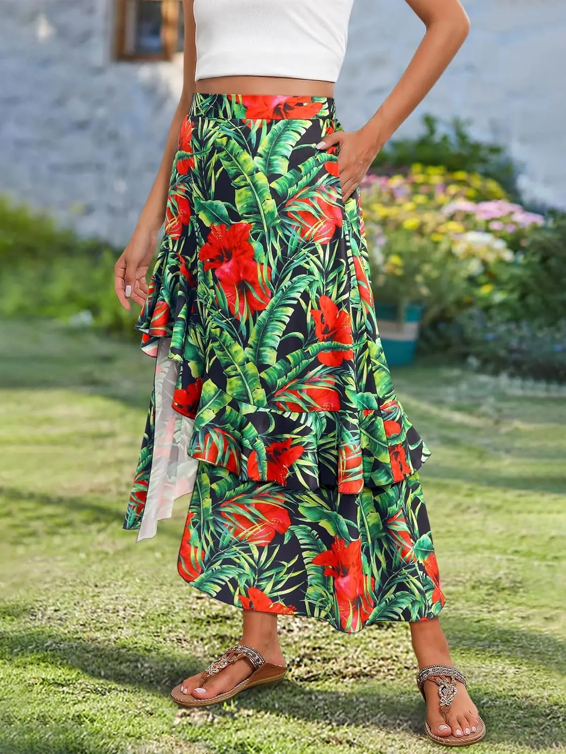 Ezcosplay Women High Waisted Hawaiian Tropical Floral Maxi Skirt Ruffle High Slit Long Skirts with Pockets