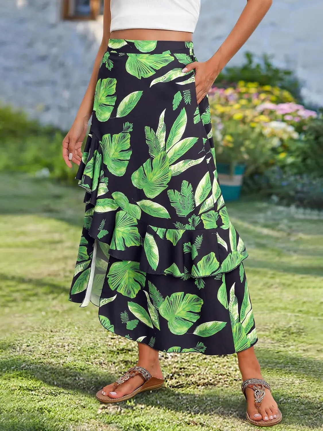 Ezcosplay Women High Waisted Hawaiian Tropical Floral Maxi Skirt Ruffle High Slit Long Skirts with Pockets