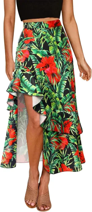 Ezcosplay Women High Waisted Hawaiian Tropical Floral Maxi Skirt Ruffle High Slit Long Skirts with Pockets