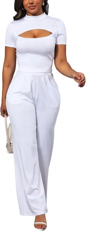 Fastkoala Women's Summer 2 Piece Outfits Lounge Sets Sexy Cutout Short Sleeve Tops Wide Leg Pants Sets Casual Travel Set