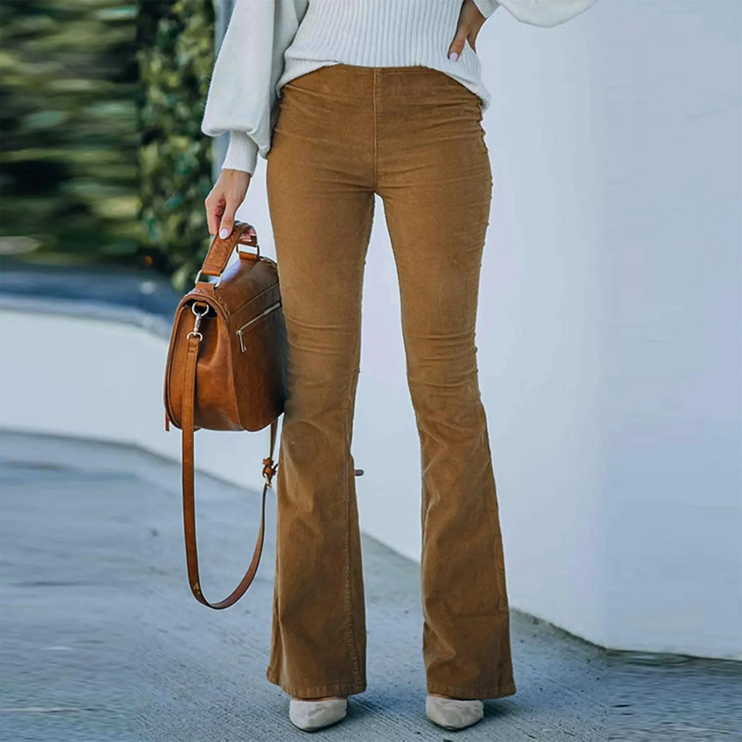 Febecool Cargo Pants Women Solid Color Slim Fit Micro Flared Pants Elastic Waist Casual Pants Corduroy