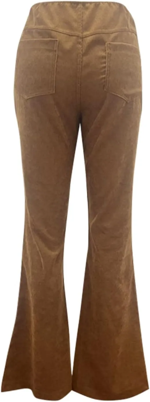Febecool Cargo Pants Women Solid Color Slim Fit Micro Flared Pants Elastic Waist Casual Pants Corduroy