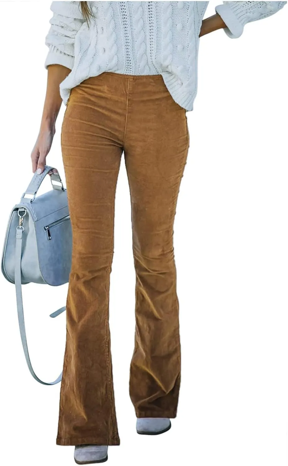 Febecool Cargo Pants Women Solid Color Slim Fit Micro Flared Pants Elastic Waist Casual Pants Corduroy