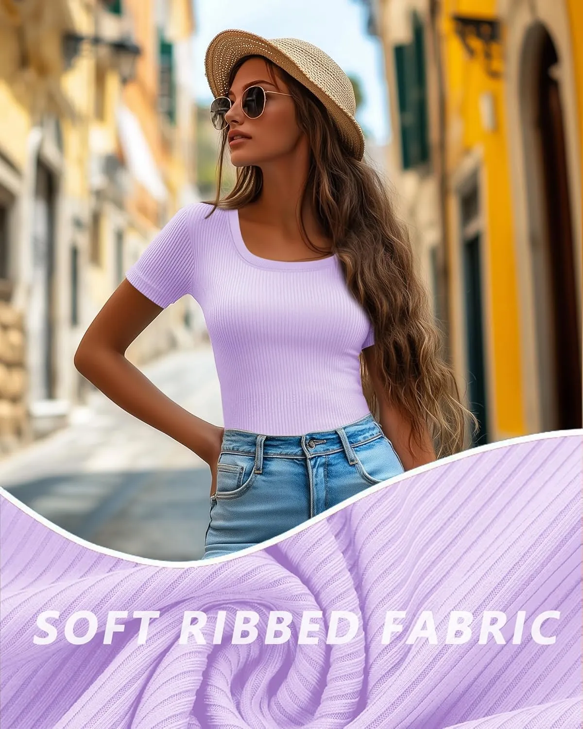 Ficerd 3 Pack Women's Short Sleeve Scooped Neck T Shirts Tops Basic Ribbed Knit Tee Slim Fit Solid Color Shirt