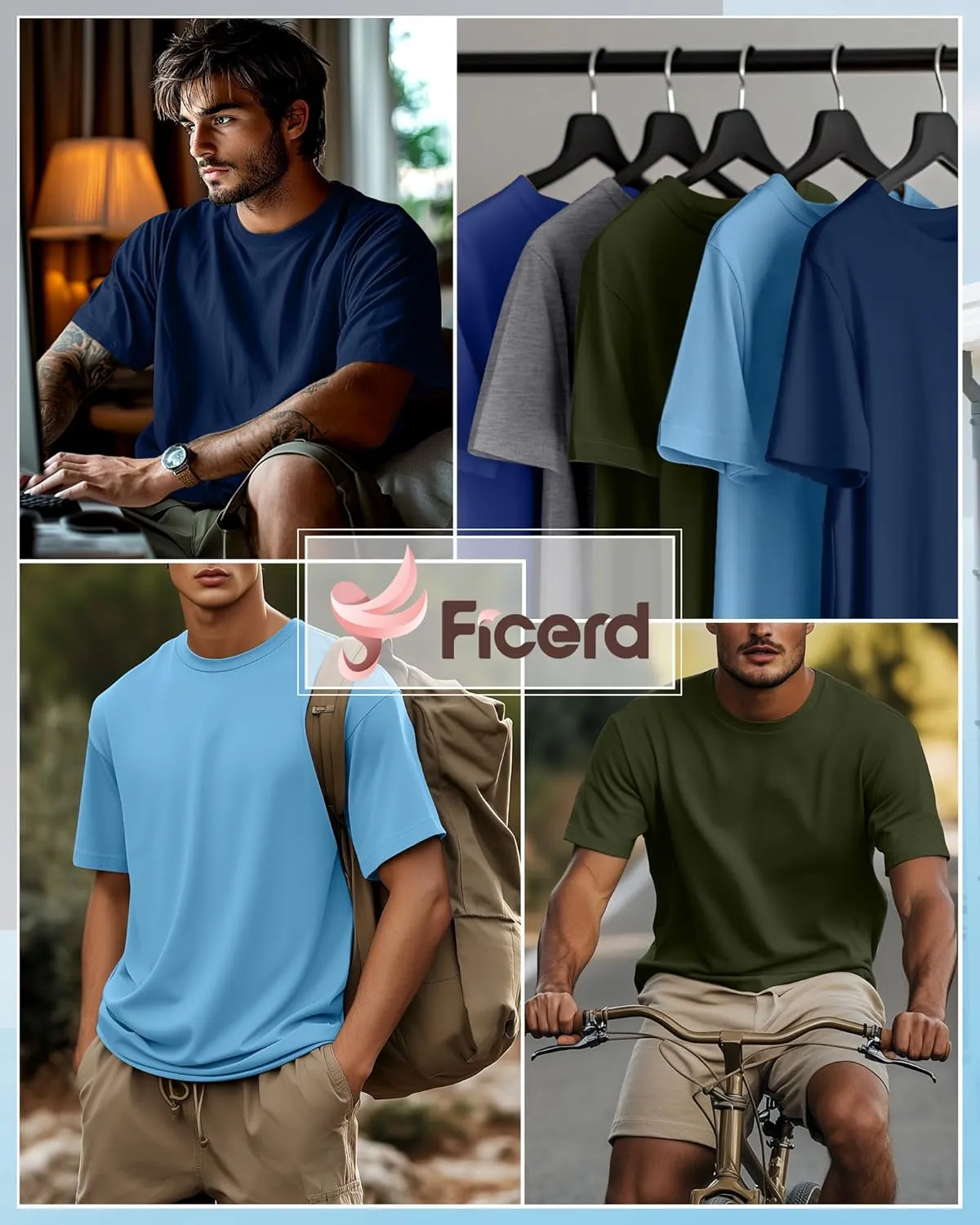 Ficerd 5 Pack Men's Big and Tall Shirts Short Sleeve Cotton Tee Summer Crew Neck Oversize Top Loose Fit Shirt Multipack